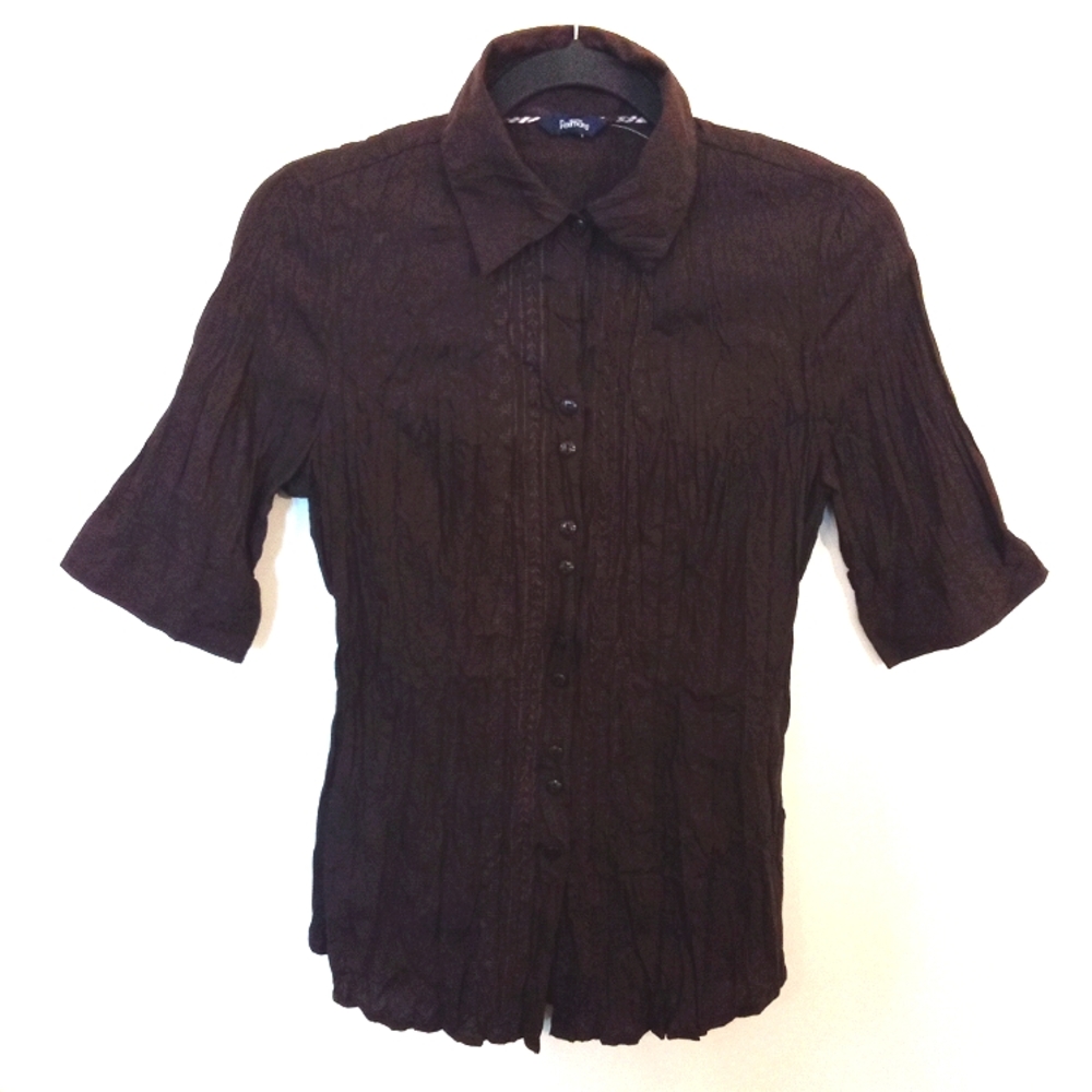Reitman's Women's Dark Brown Bohemian Crinkle Fabric Embroidered Button Up Shirt